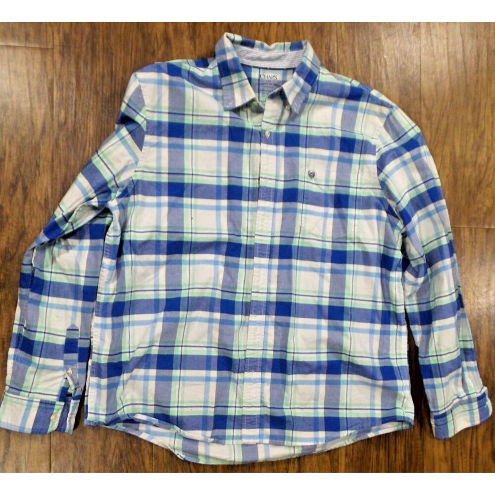 Chaps Coastland Wash Oxford Button Shirt Size 2XL White Blue Plaid Long Sleeve